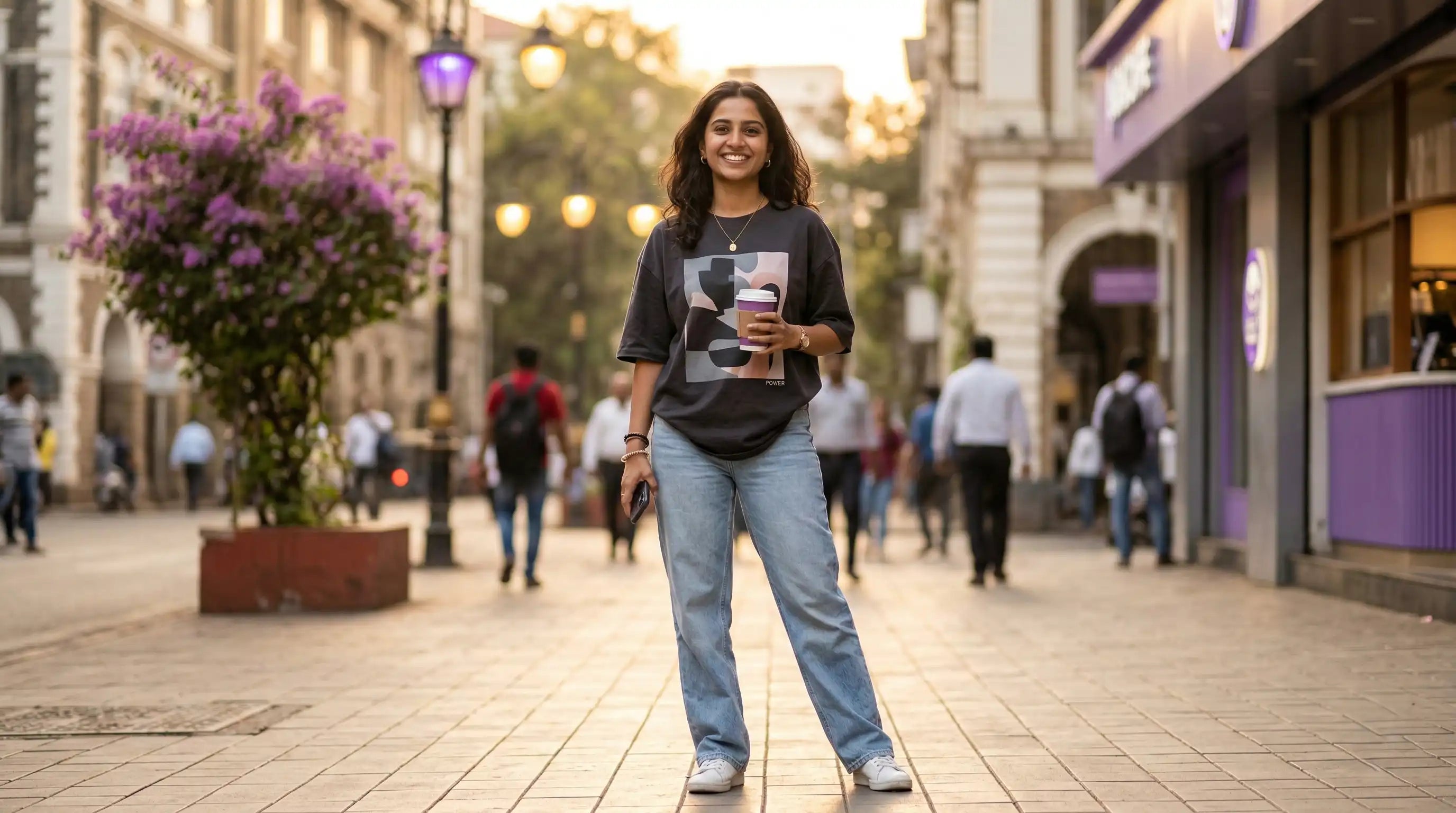 Confident young woman wearing oversized printed T-shirt and jeans during golden hour in urban setting stylish Women’s Day gift idea for her 2026.