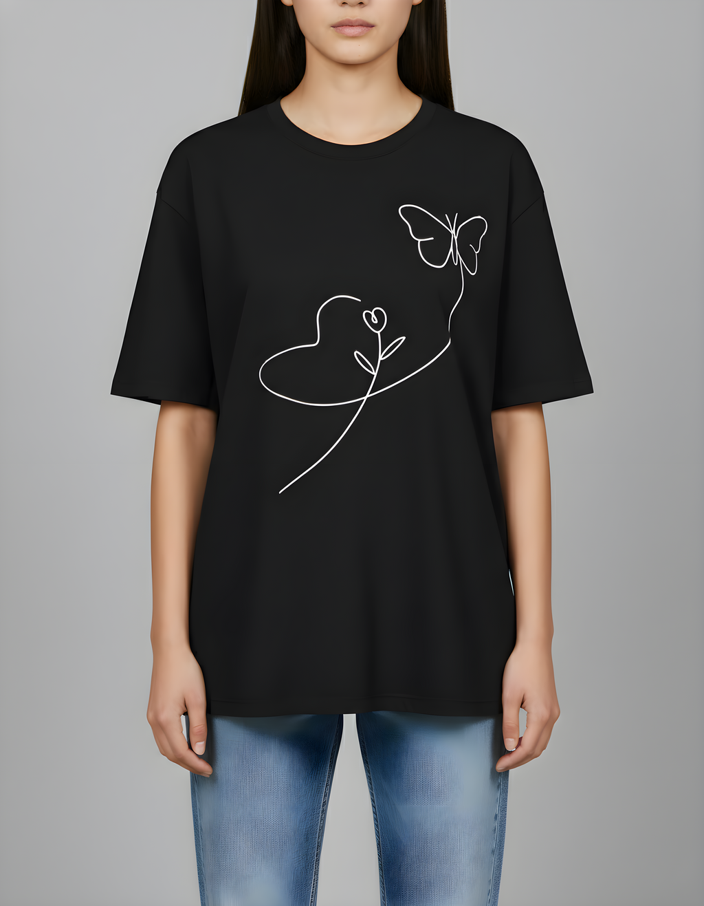 Butterfly Line Art Oversized Women’s T-Shirt | Black Oversized T-Shirt