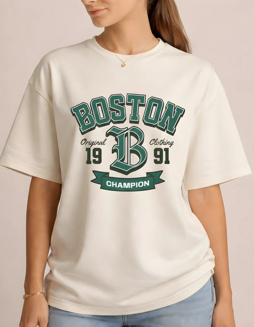 Boston Champion Varsity Print Oversized Women’s T-Shirt | Off White Oversized T-Shirt